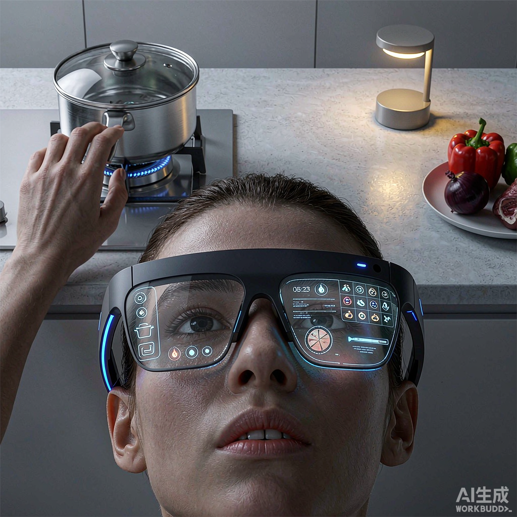 智能眼镜显示食谱卡片与免手烹饪概念图
