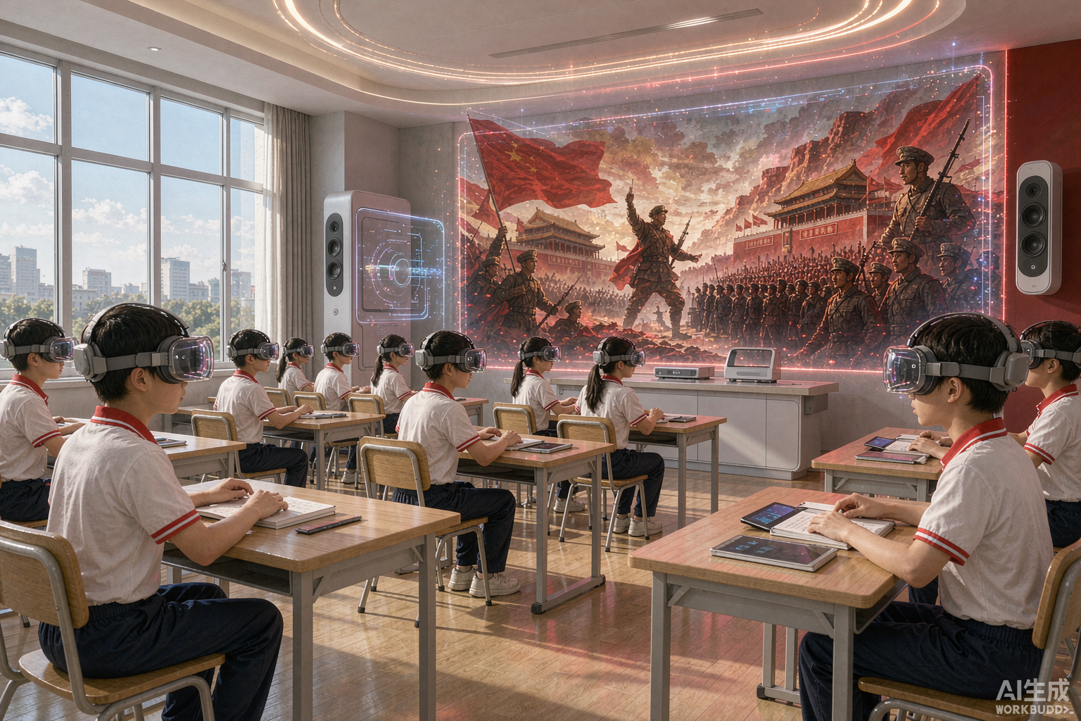 学生佩戴 PICO 头显体验红色 VR 课堂